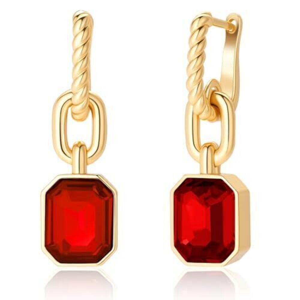 3757 Birthstone Crystal Dangle Drop Earrings, 18K Gold Plated Huggie Hoop